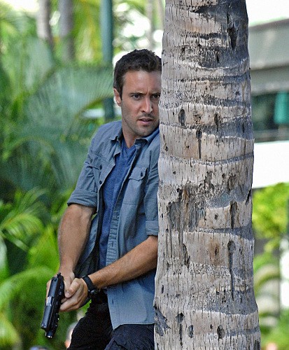 Steve McGarrett (Alex O'Loughlin) est armé et tente de se protéger des coups de feu en se cachant derrière un palmier.