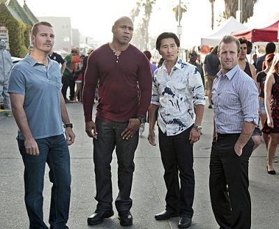 G. Callen (Chris O'Donnell), Sam Hanna (LL Cool J), Chin Ho Kelly (Daniel Dae Kim) & Danny Williams (Scott Caan).