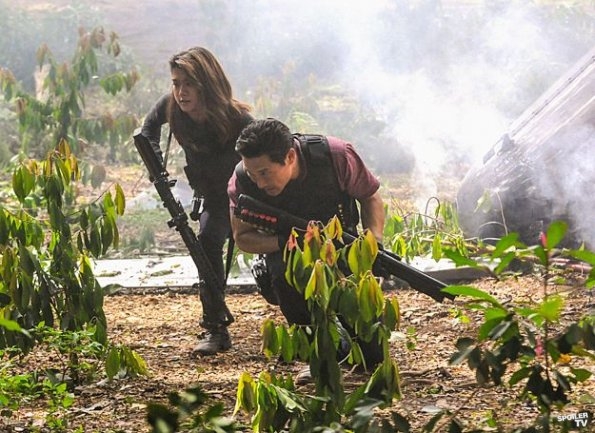 Dans la jungle, Chin (Daniel Dae Kim) et Kono (Grace Park) se font tirer dessus. Ils se baissent afin d'éviter les balles.