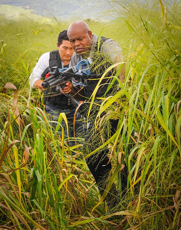Grover (Chi McBride) et Chin (Daniel Dae Kim) avancent dans un champ avec leurs armes.
