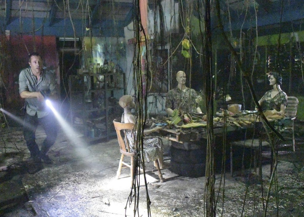 Steve McGarrett (Alex O'Loughlin) vient d'entrer dans une maison sombre et glauque avec une lampe torche à la main.