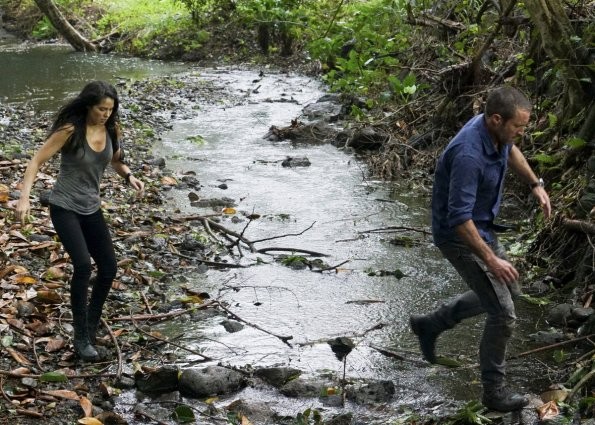 Alors que Steve (Alex O'Loughlin) et Catherine (Michelle Borth) se trouvent dans la jungle, ils traversent un ruisseau.